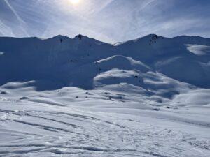 Elektro Meister Mitarbeitende fahren Ski während des gemeinsamen Teamausflugs.
